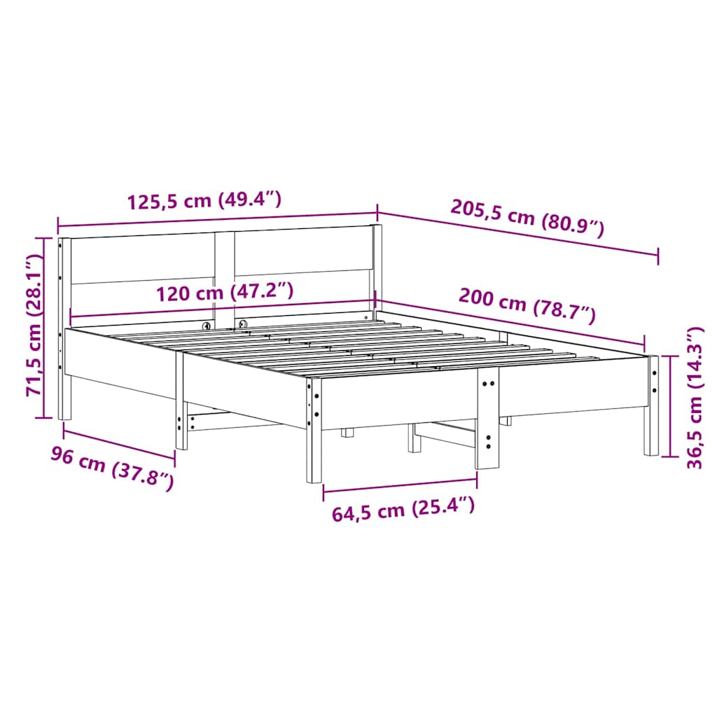 sengeramme uden madras 120x200 cm massivt fyrretræ hvid