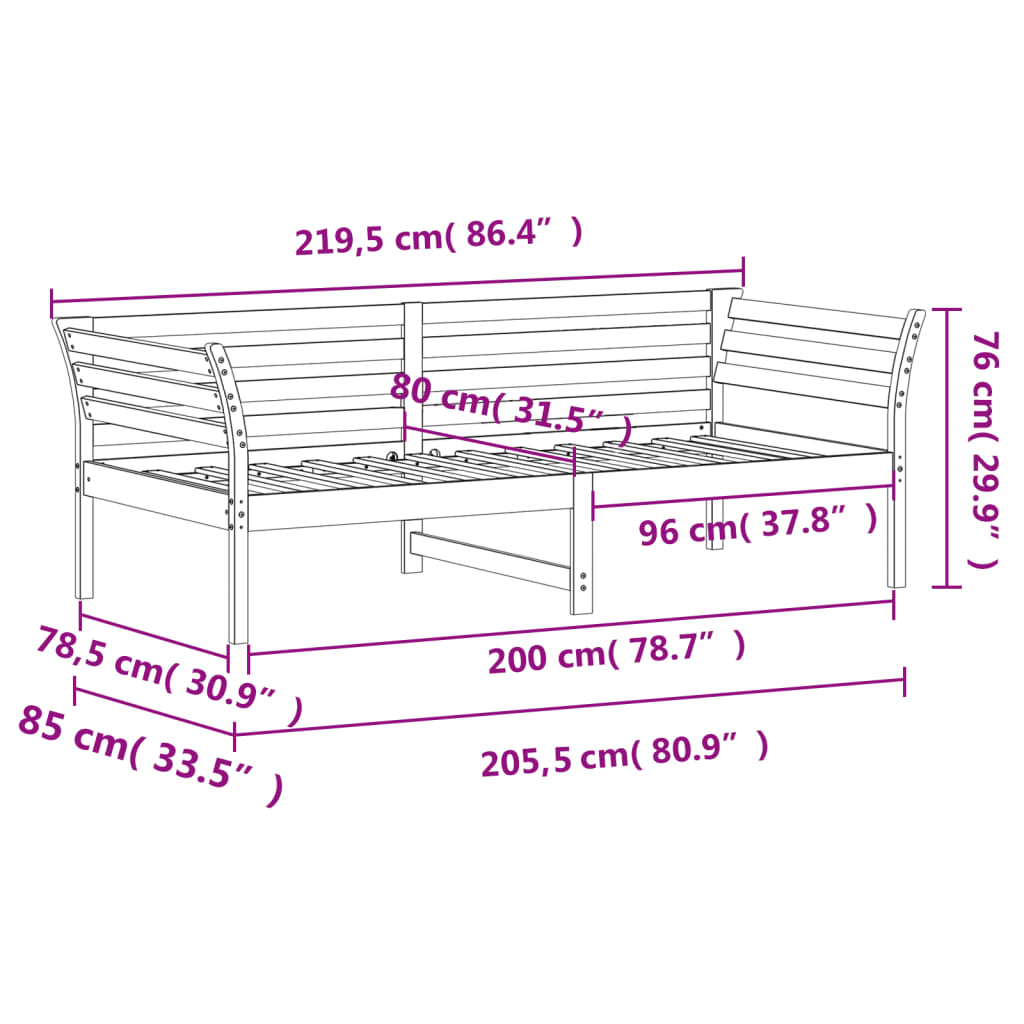 daybed uden madras 80x200 cm massivt fyrretræ hvid