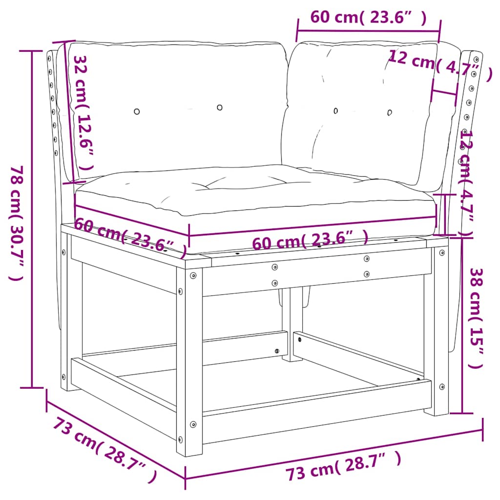 hjørnemodul til havesofa 73x73x78 cm m. hynder massivt fyrretræ