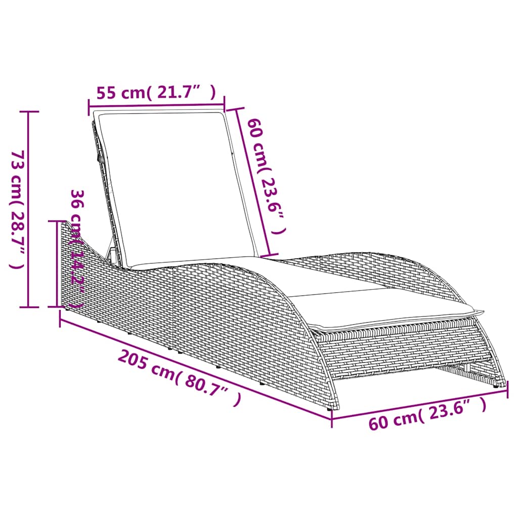 liggestol med hynde sort 60x205x73 cm polyrattan
