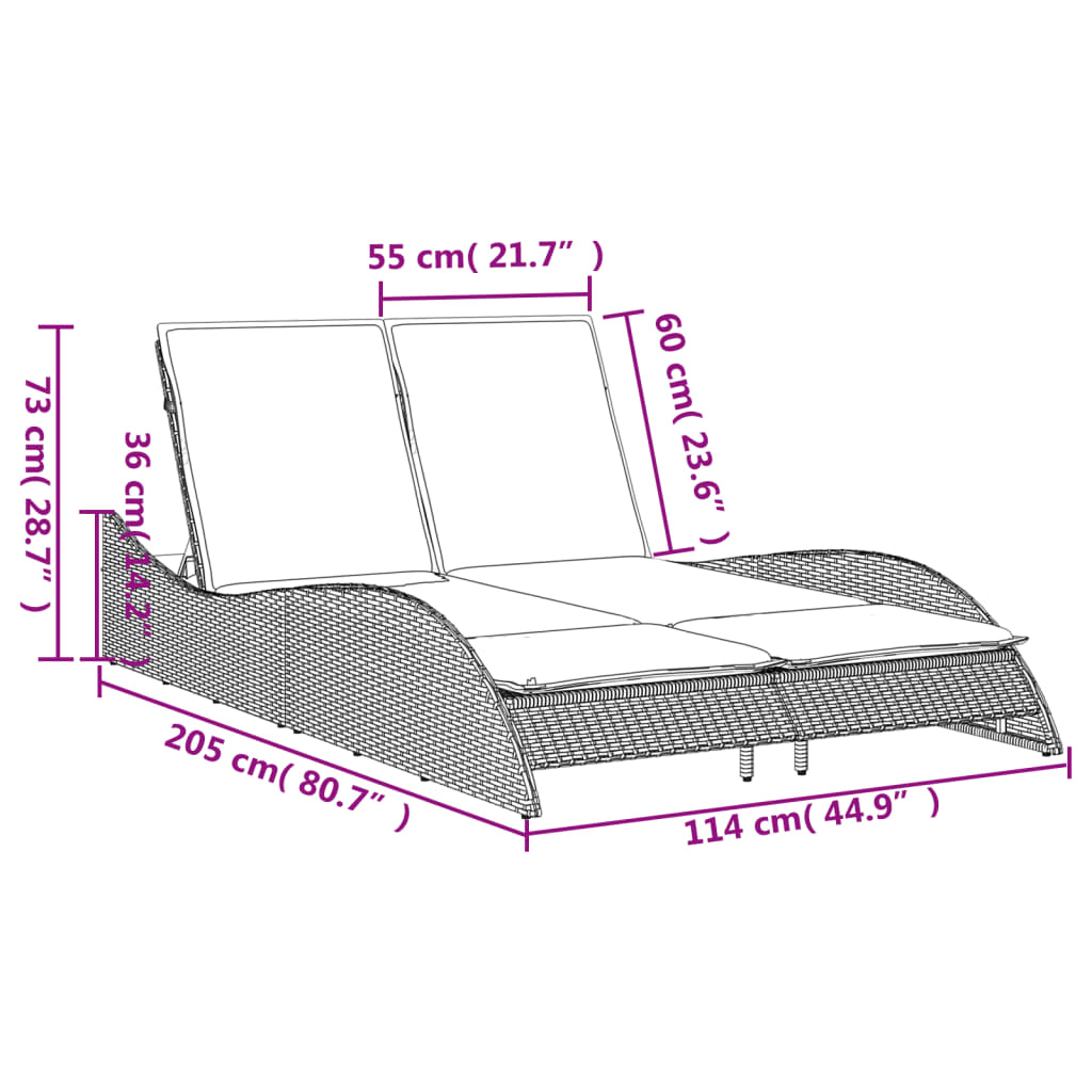 liggestol med hynder 114x205x73 cm polyrattan sort
