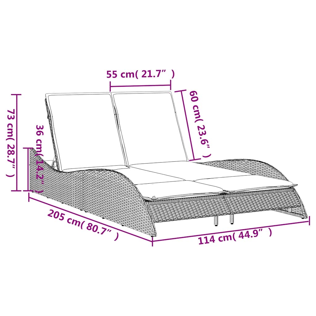 liggestol med hynder brun 114x205x73 cm polyrattan