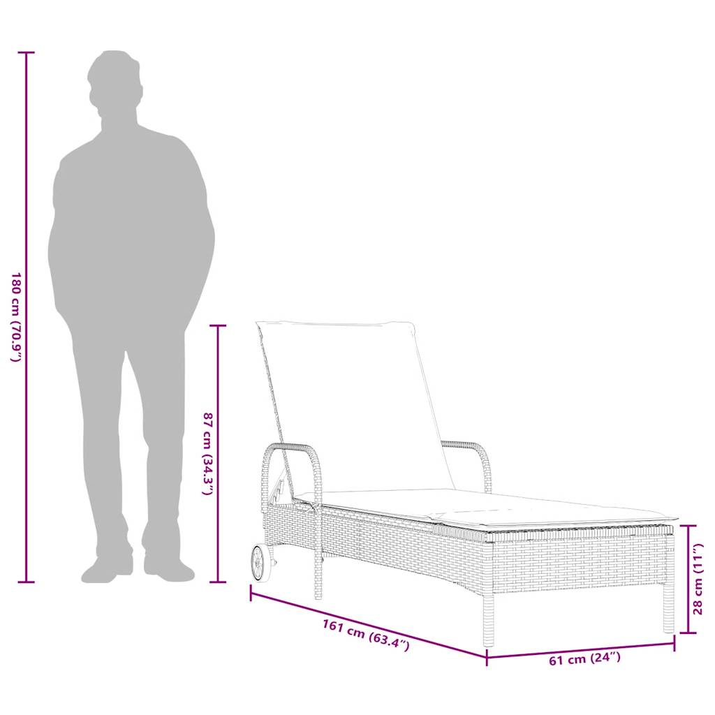 liggestol med hjul og hynder sort polyrattan