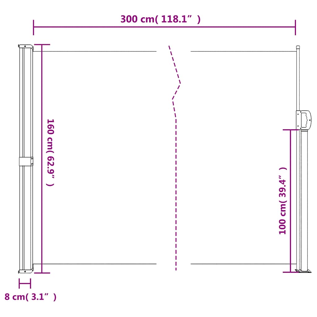 sidemarkise 160x300 cm sammenrullelig sort