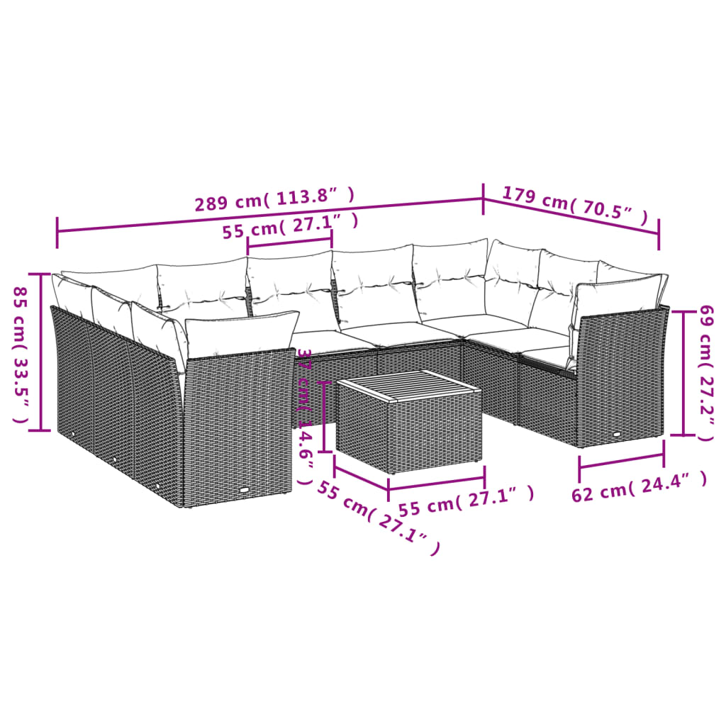 sofasæt til haven 10 dele med hynder polyrattan sort