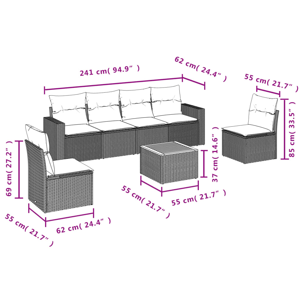 sofasæt til haven 7 dele med hynder polyrattan sort