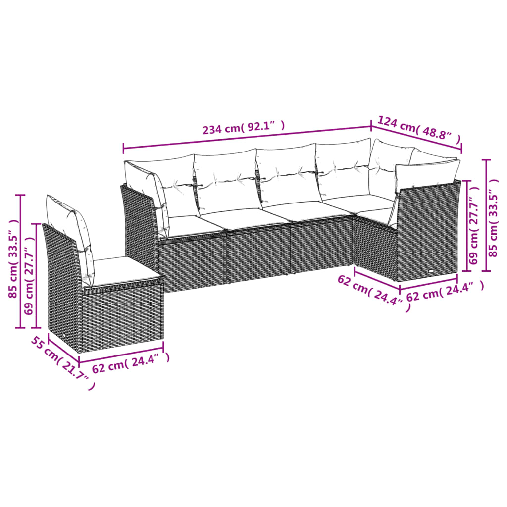 sofasæt til haven 6 dele med hynder polyrattan grå