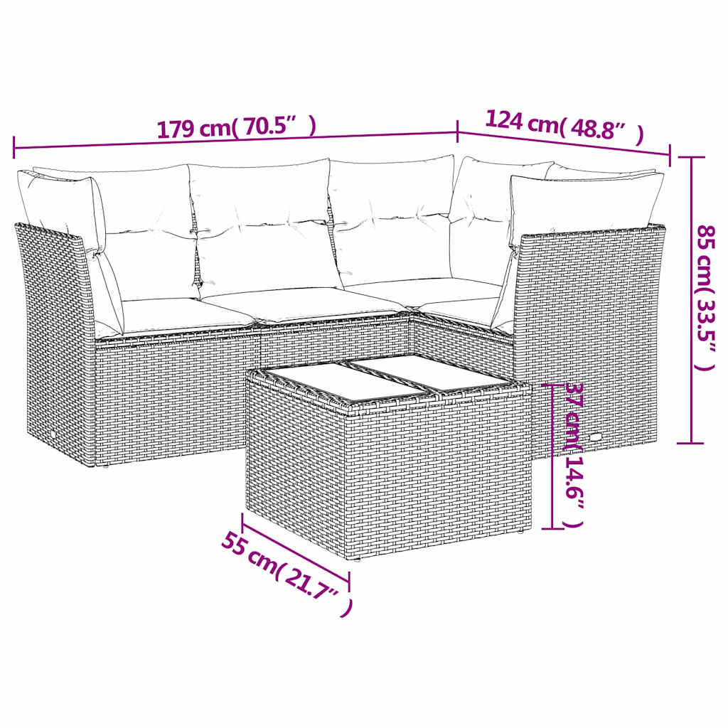 sofasæt 5 dele med hynder polyrattan lysegrå