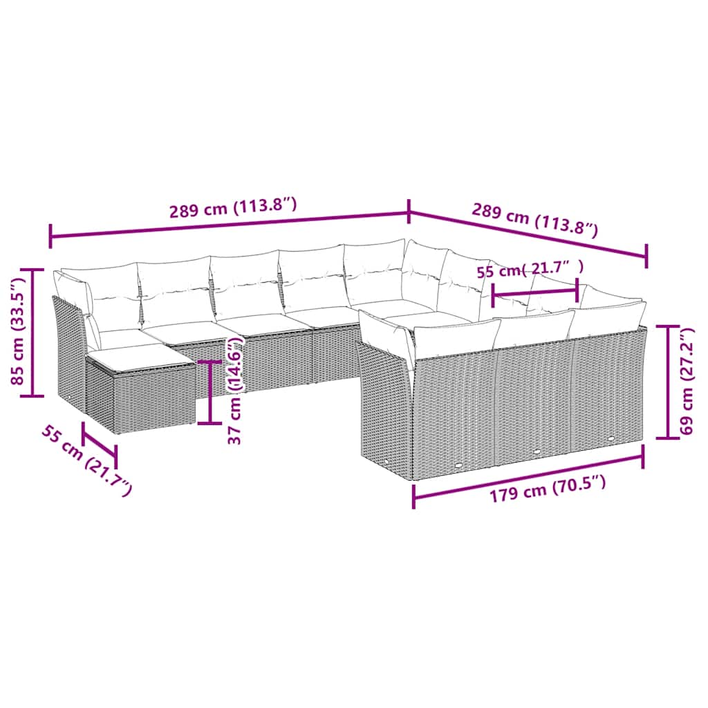 sofasæt til haven 12 dele med hynder polyrattan brun