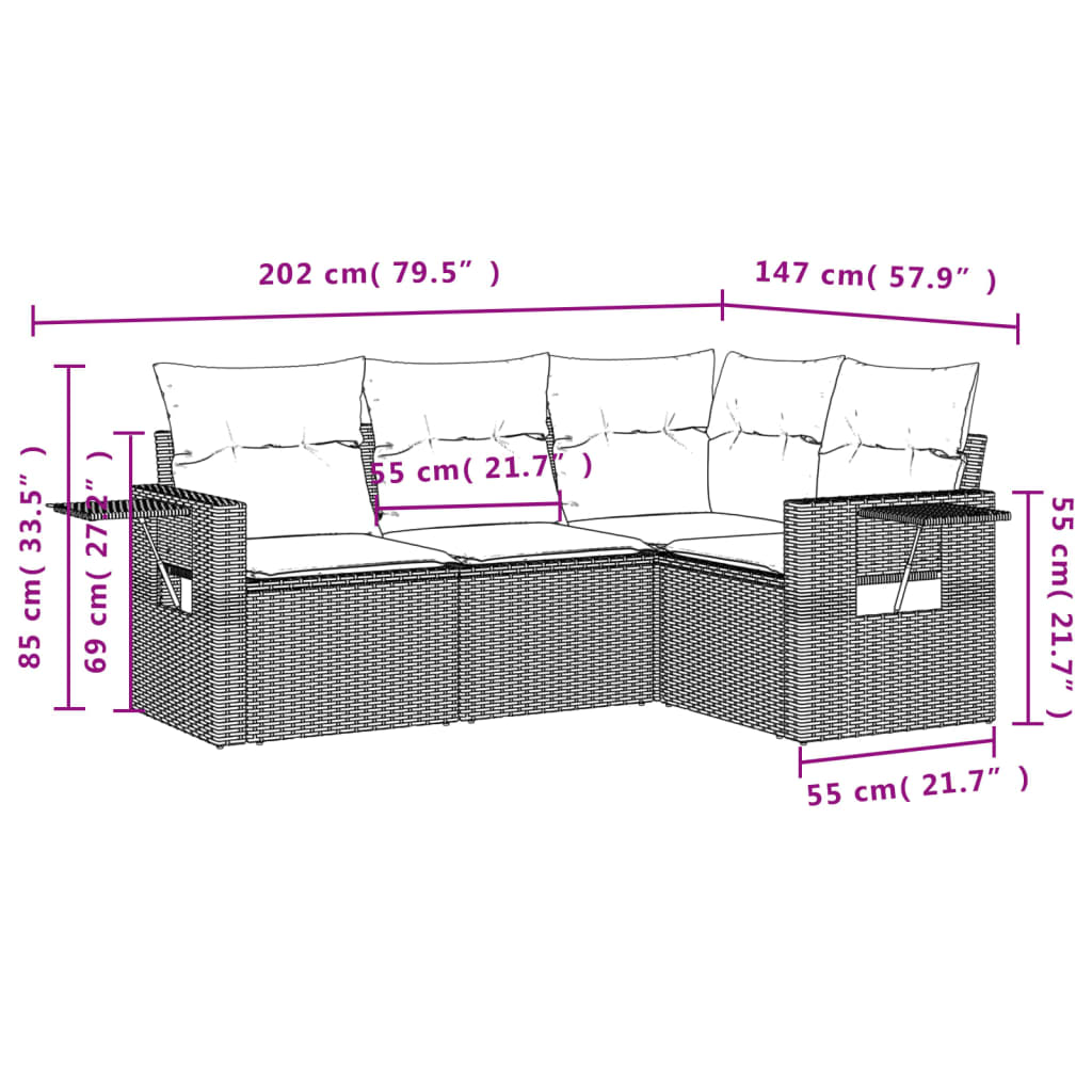 sofasæt til haven 4 dele med hynder polyrattan grå