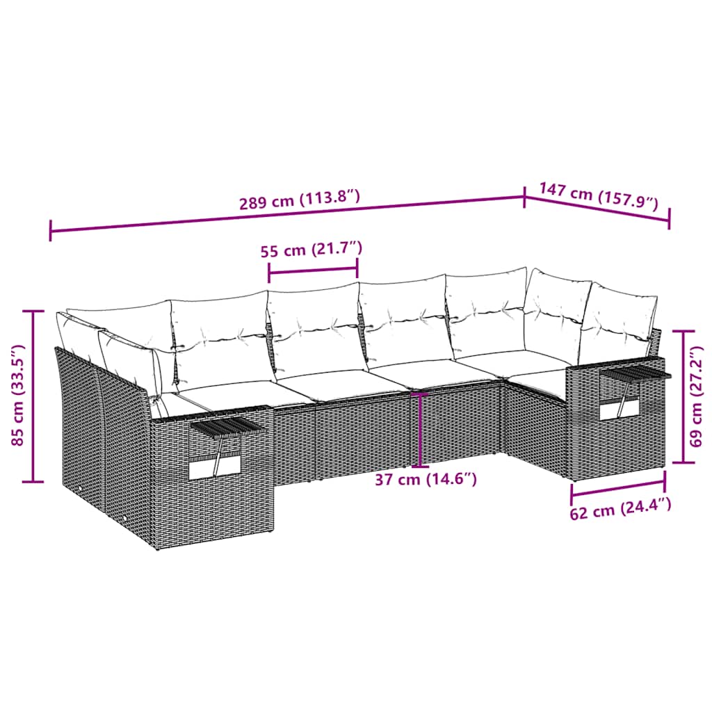 sofasæt til haven 7 dele med hynder polyrattan brun