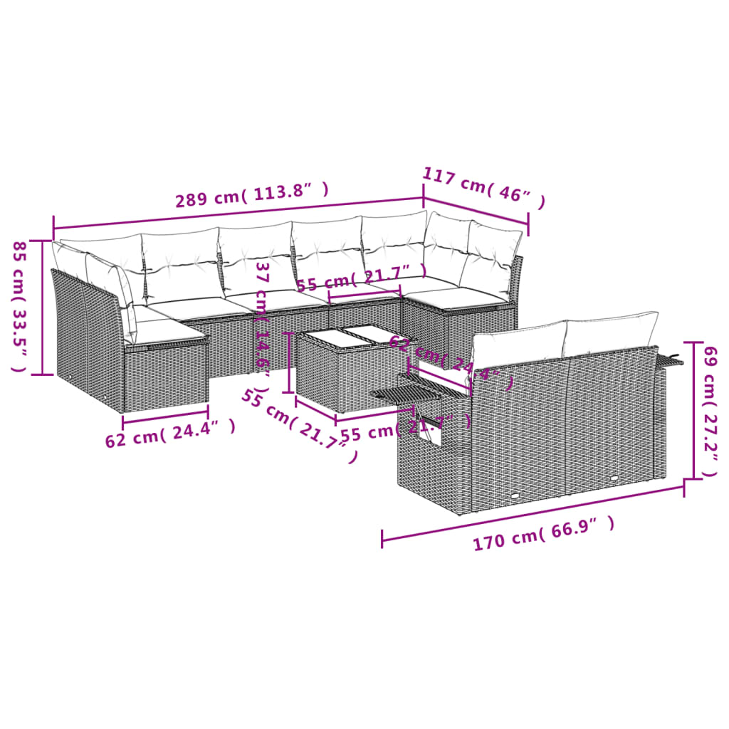 sofasæt til haven 10 dele med hynder polyrattan sort