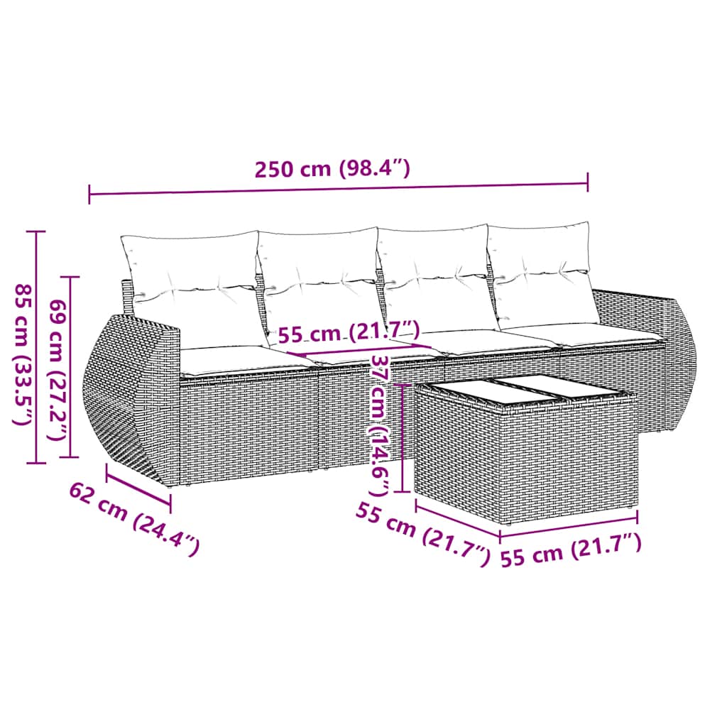 sofasæt til haven 5 dele med hynder polyrattan sort