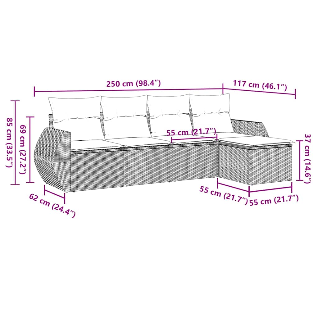 sofasæt 5 dele med hynder polyrattan lysegrå