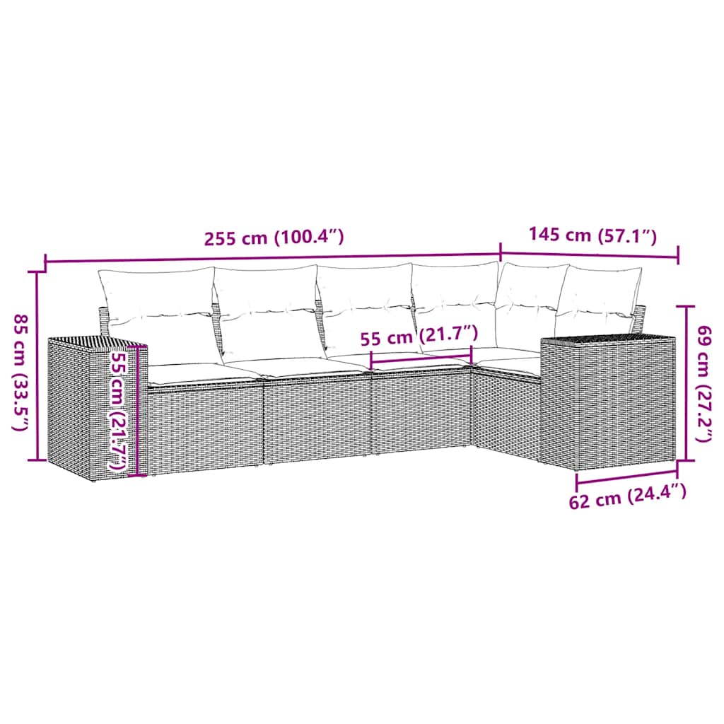 sofasæt 5 dele med hynder polyrattan lysegrå