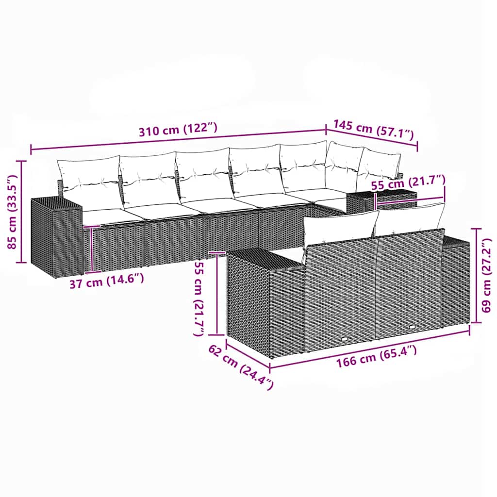 sofasæt til haven 8 dele med hynder polyrattan sort