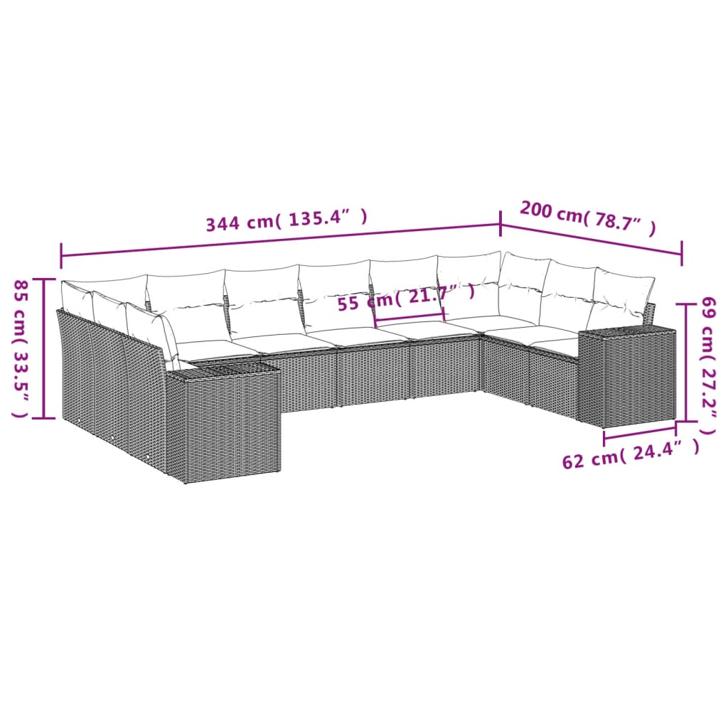 sofasæt til haven 10 dele med hynder polyrattan grå