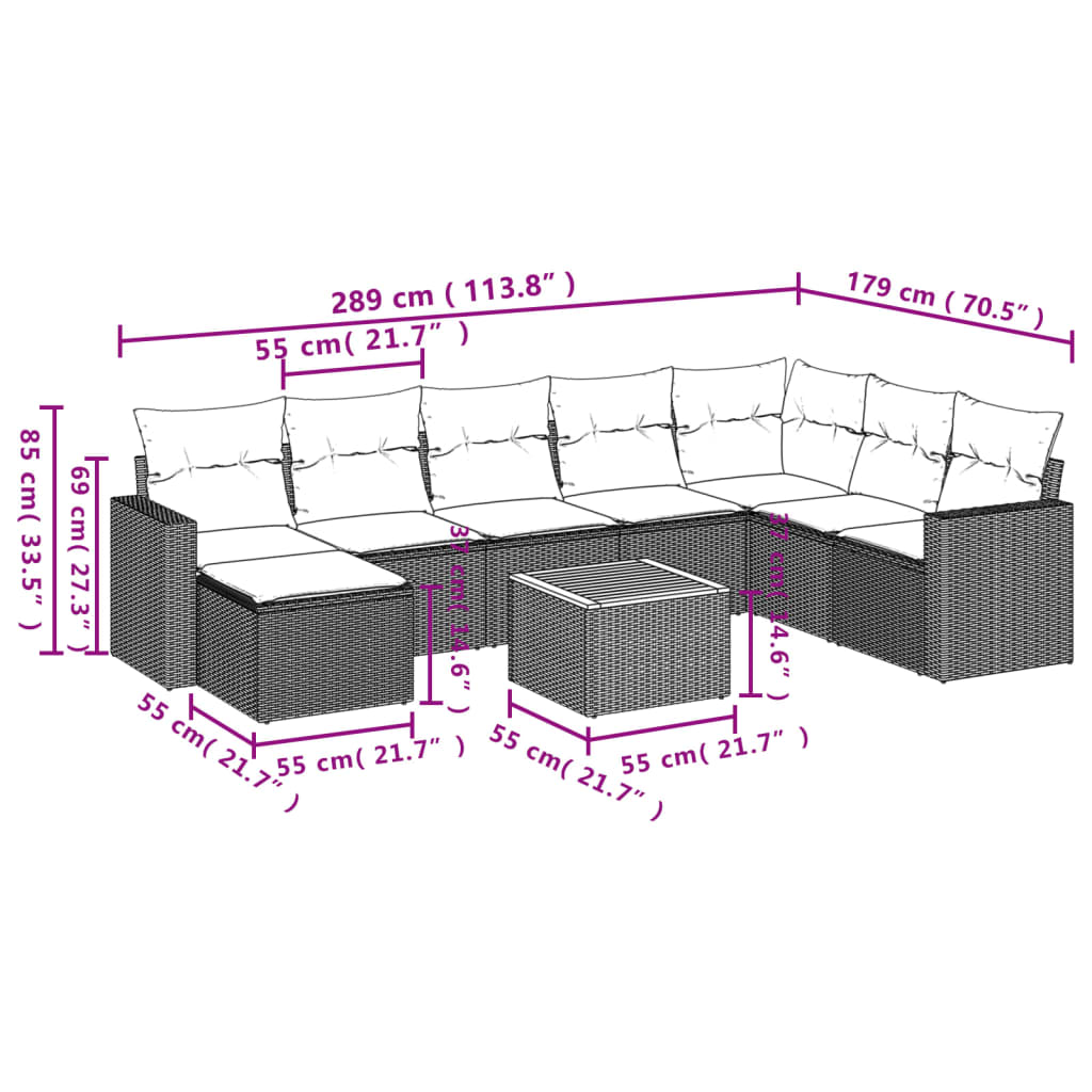 sofasæt til haven 9 dele med hynder polyrattan grå