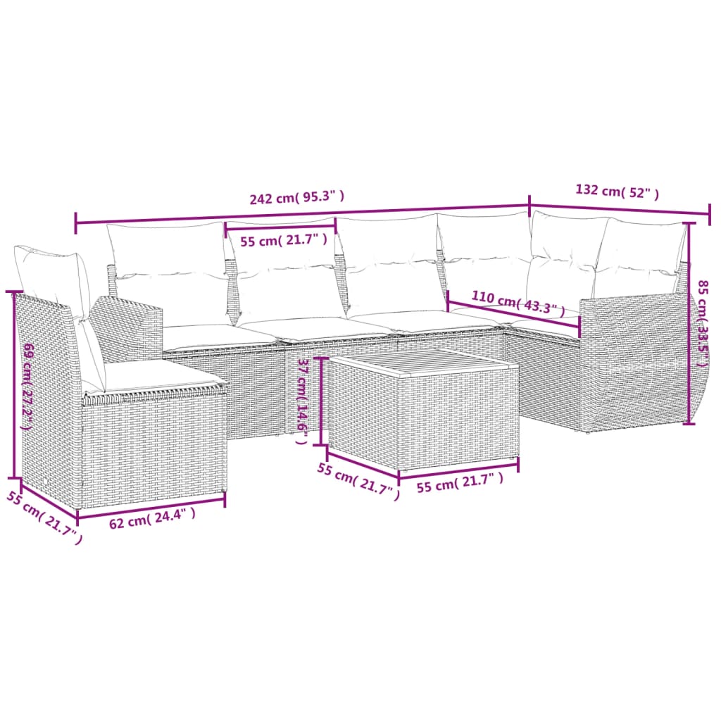 sofasæt til haven 7 dele med hynder polyrattan sort