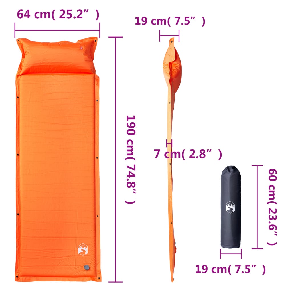 1-personers campingmadras med pude selvoppustelig orange