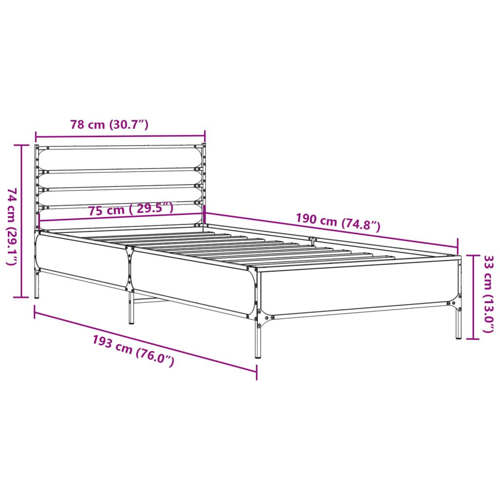 sengeramme 75x190 cm konstrueret træ og metal sort
