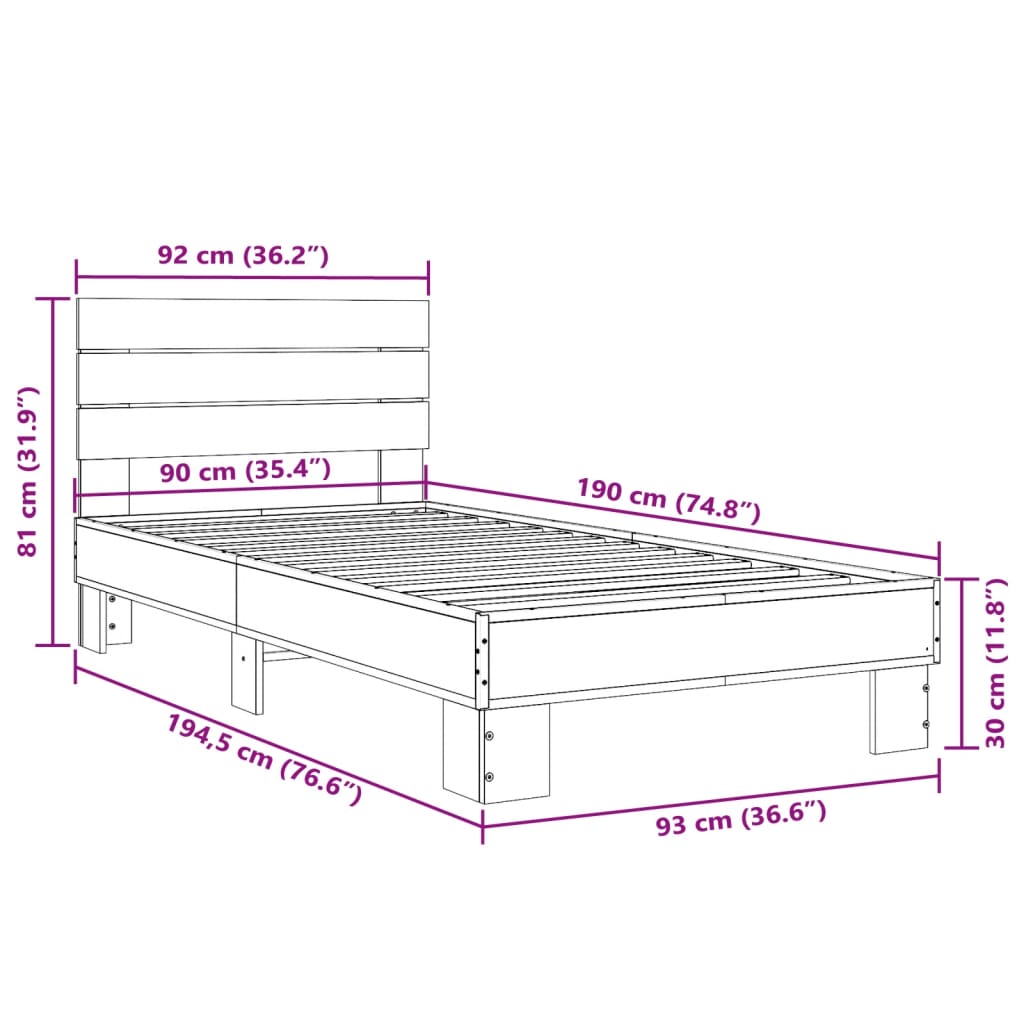 sengeramme 90x190 cm konstrueret træ og metal sonoma-eg