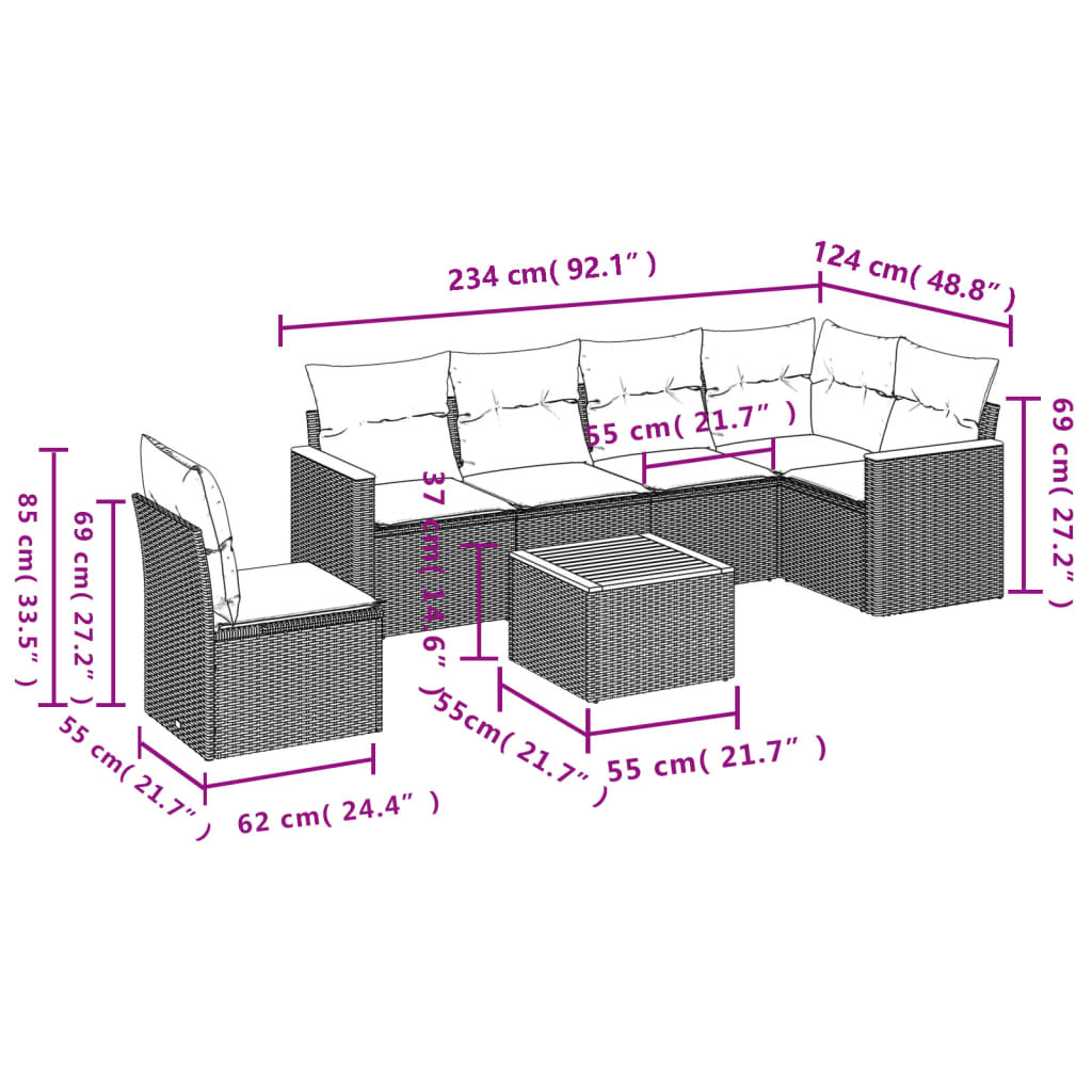 sofasæt til haven 7 dele med hynder polyrattan sort