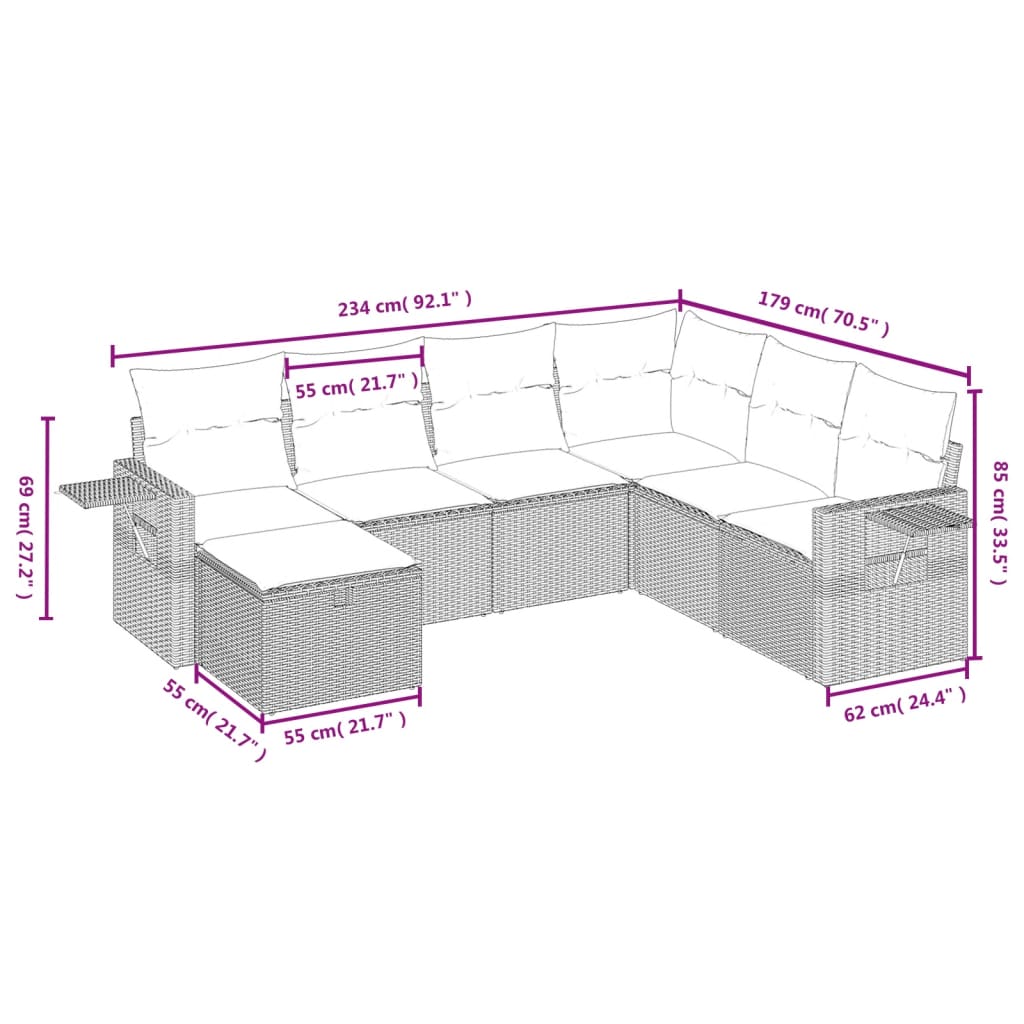 sofasæt til haven 7 dele med hynder polyrattan lysegrå