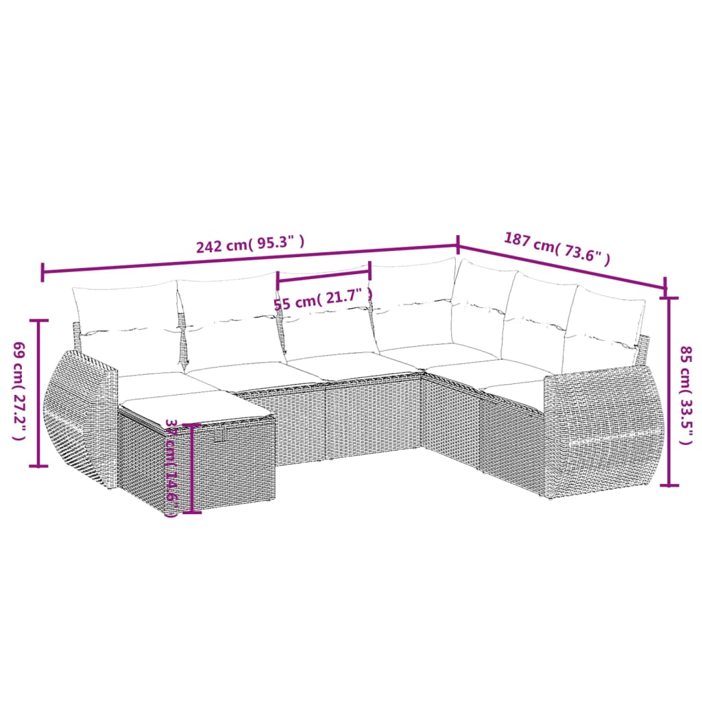 sofasæt til haven 7 dele med hynder polyrattan lysegrå