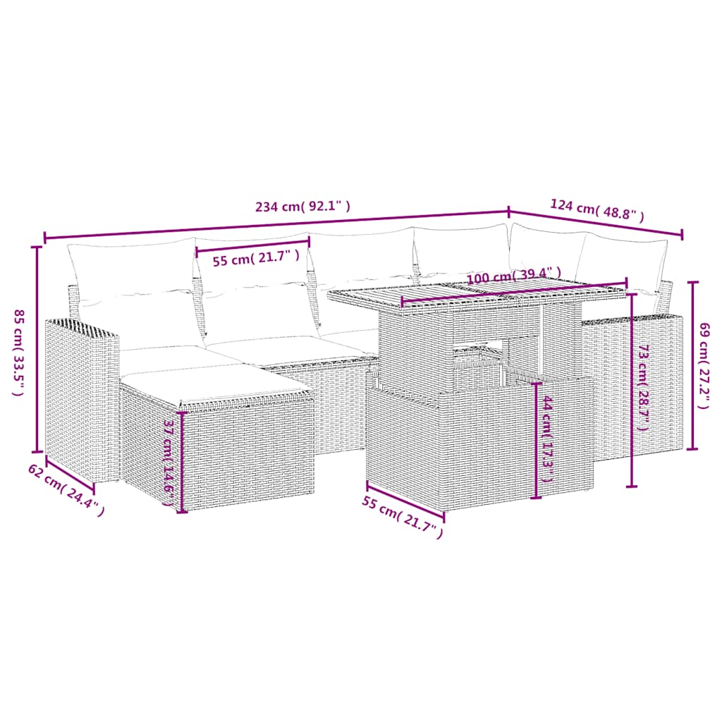 sofasæt til haven 7 dele med hynder polyrattan sort