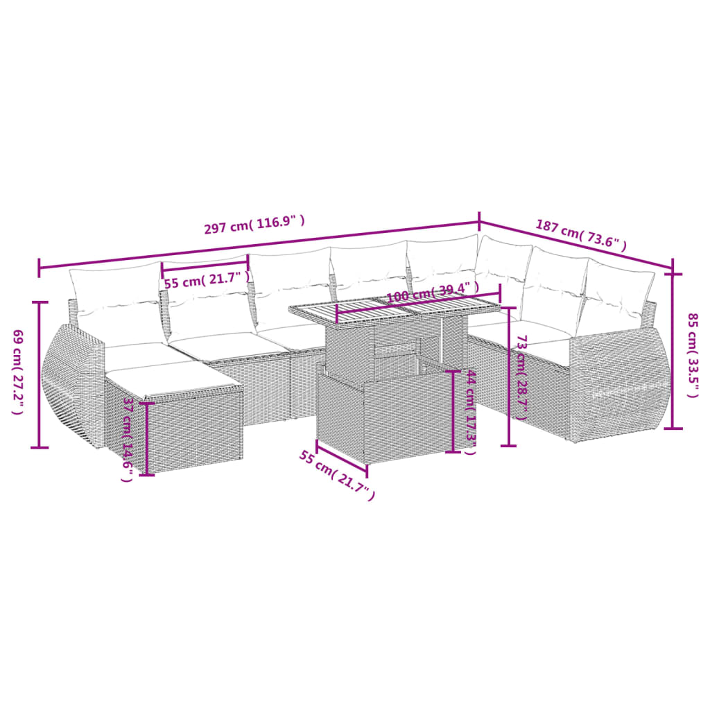 sofasæt til haven 9 dele med hynder polyrattan beige