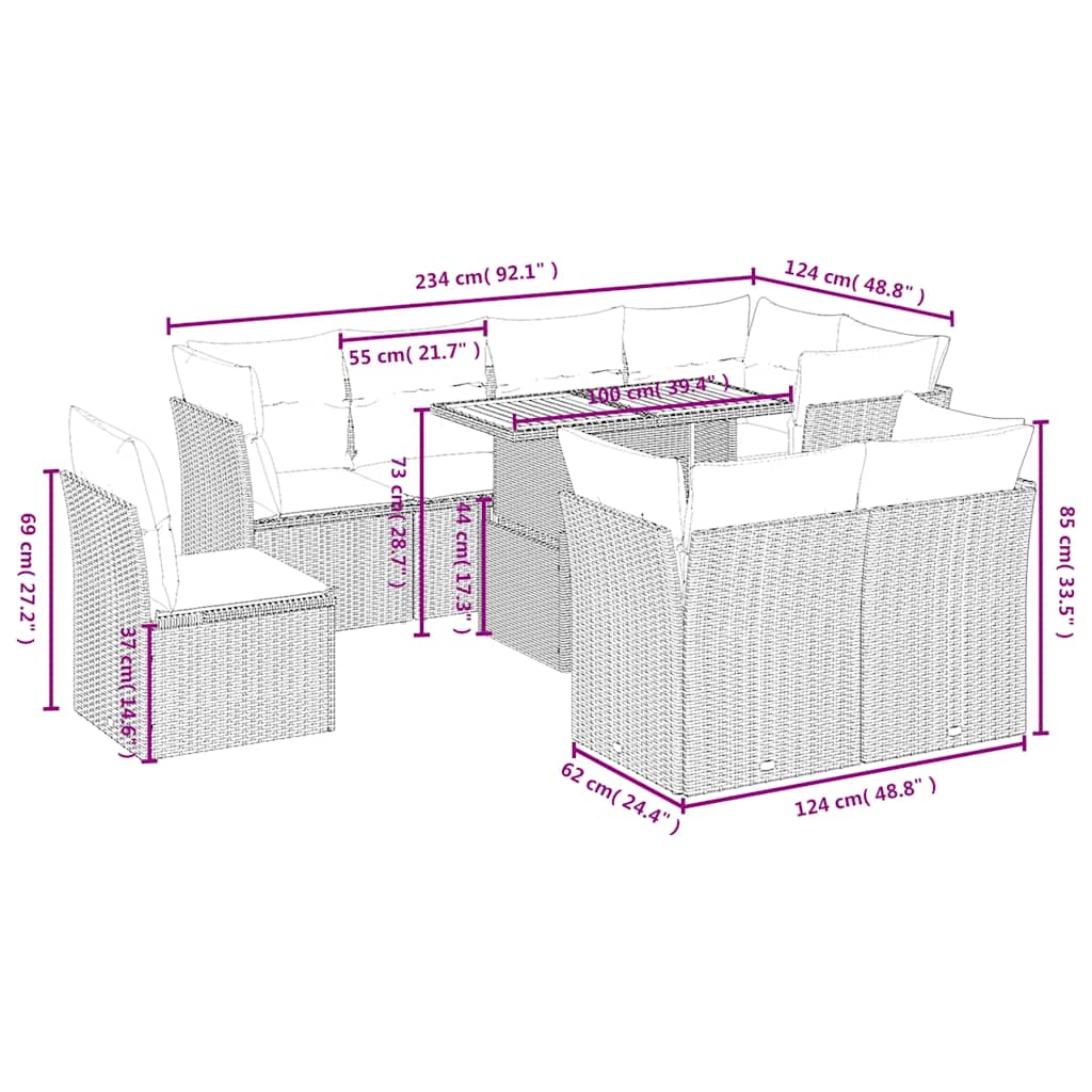sofasæt til haven 9 dele med hynder polyrattan beige