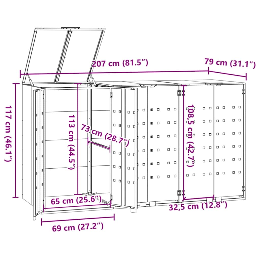 skraldespandsskjuler 207x79x117 cm 3 rum stål antracit