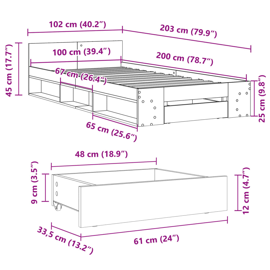 sengeramme med skuffe 100x200 cm konstrueret træ grå sonoma-eg