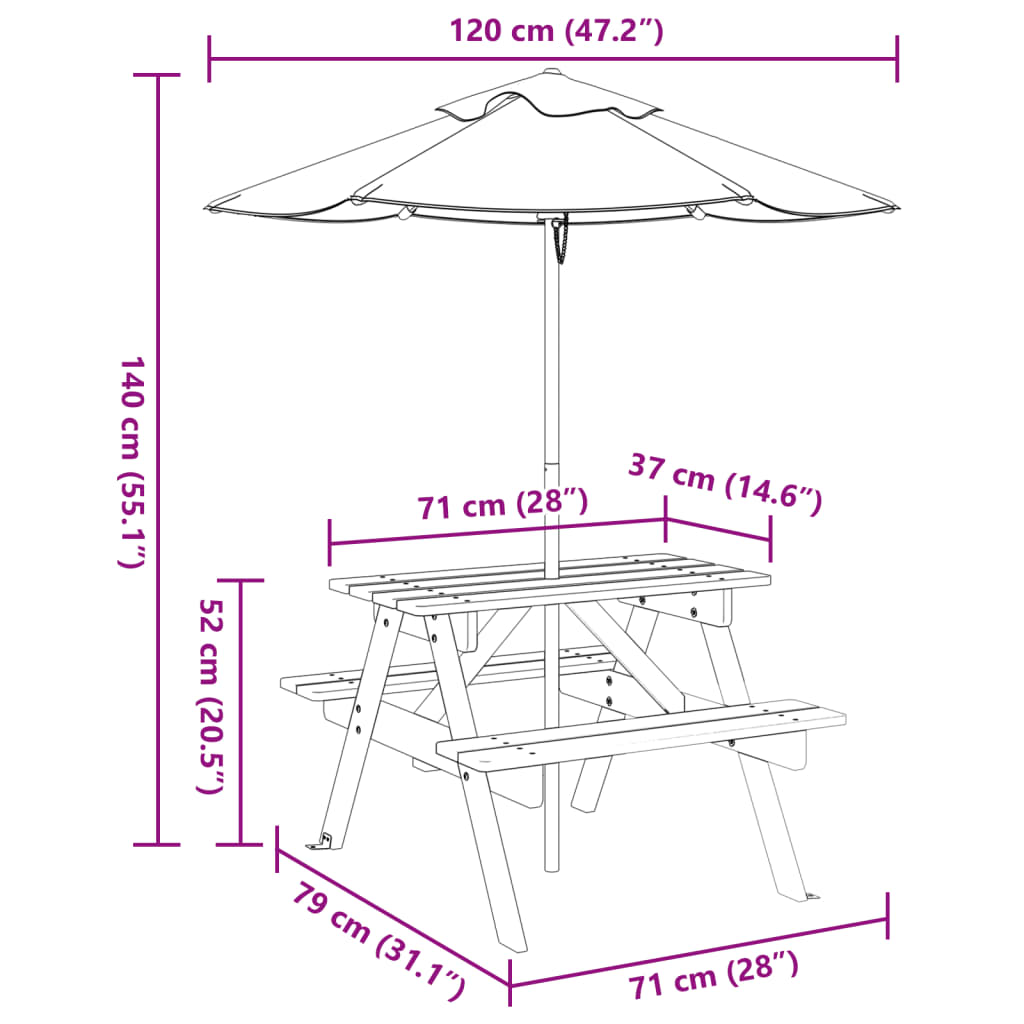 picnicbord til 4 børn m. parasol massivt grantræ