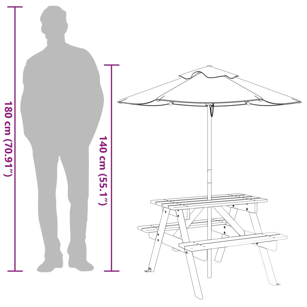 picnicbord til 4 børn m. parasol massivt grantræ