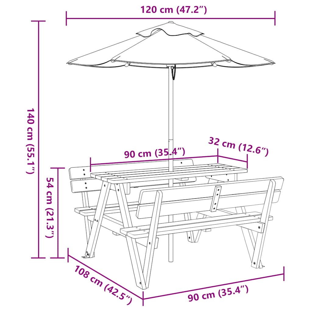 picnicbord til 4 børn m. parasol massivt grantræ