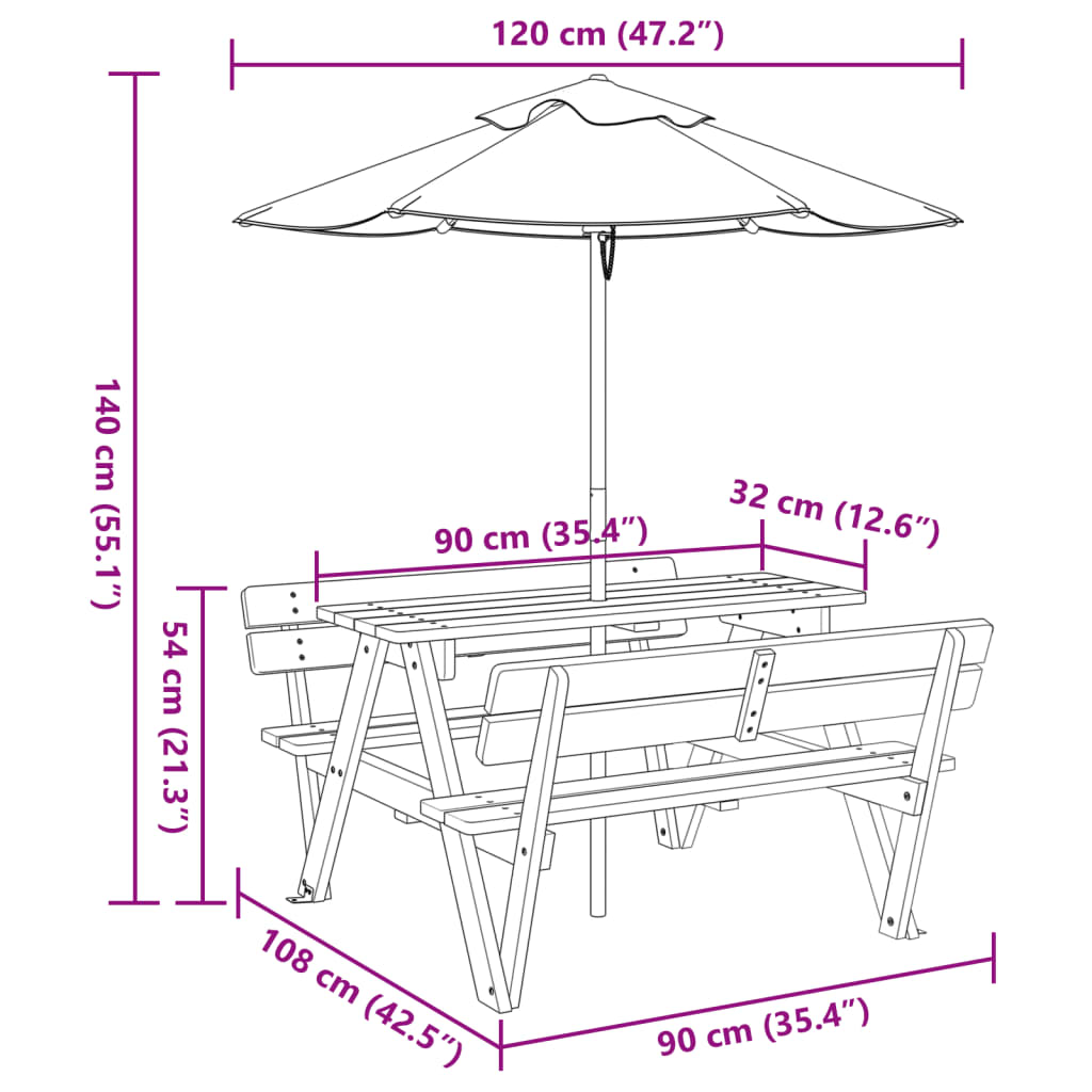 picnicbord til 4 børn m. parasol massivt grantræ