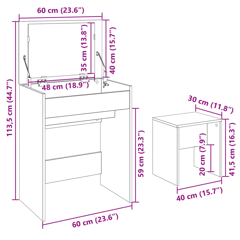 kosmetikbord med skammel 60x40x113,5 cm røget egetræsfarve