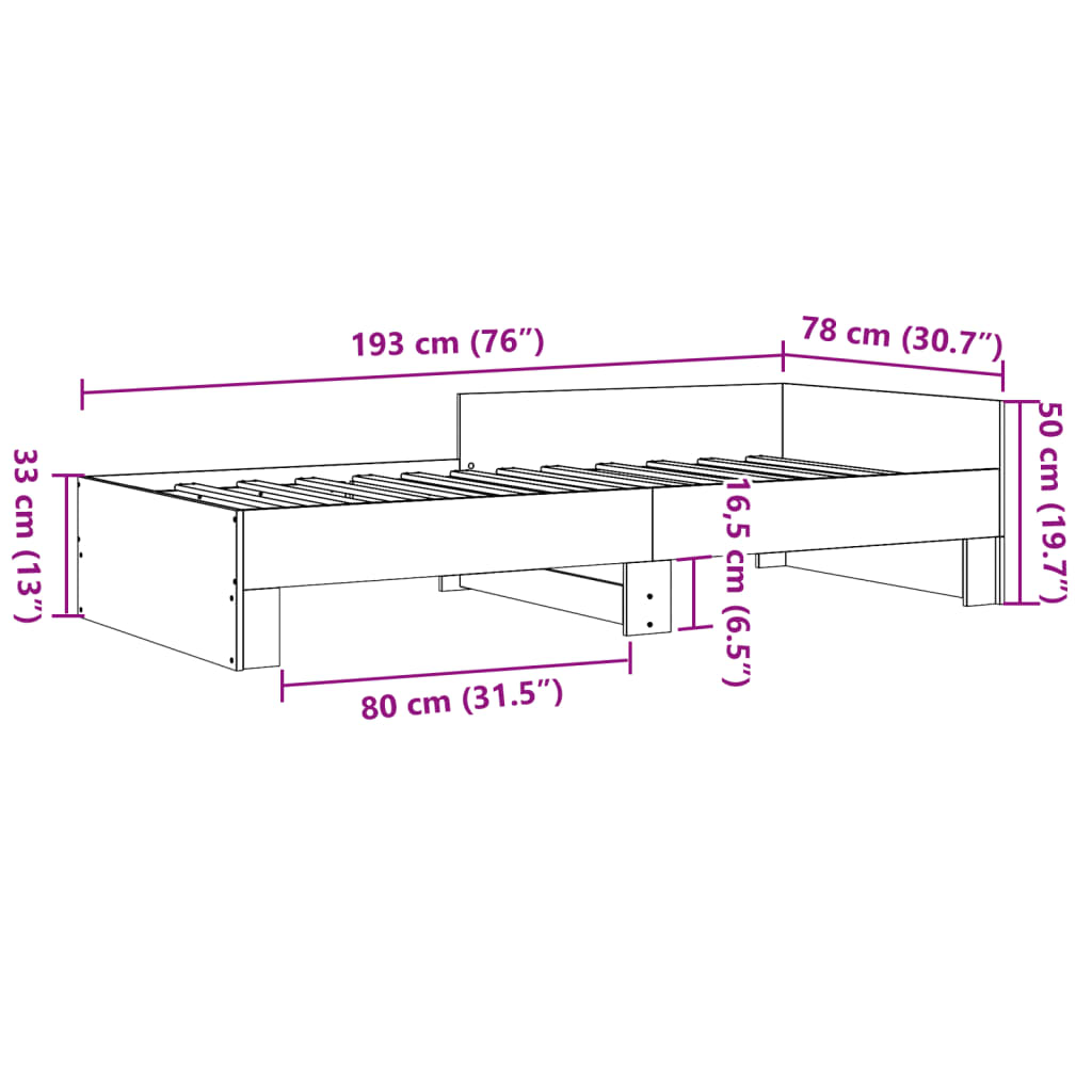 sengeramme 75x190 cm uden madras konstrueret træ brunt eg