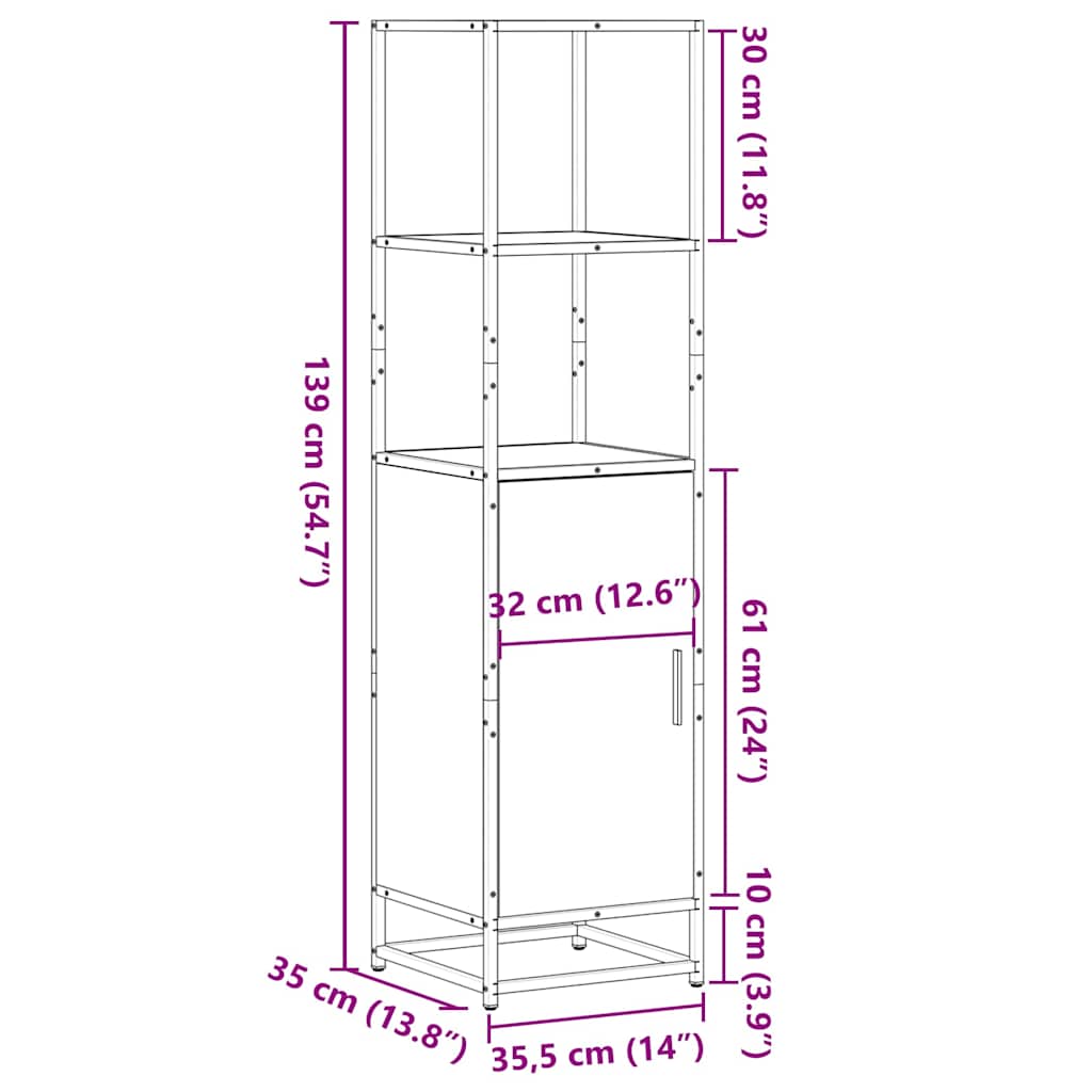 skab sonoma-eg 35,5x35x139 cm konstrueret træ og metal