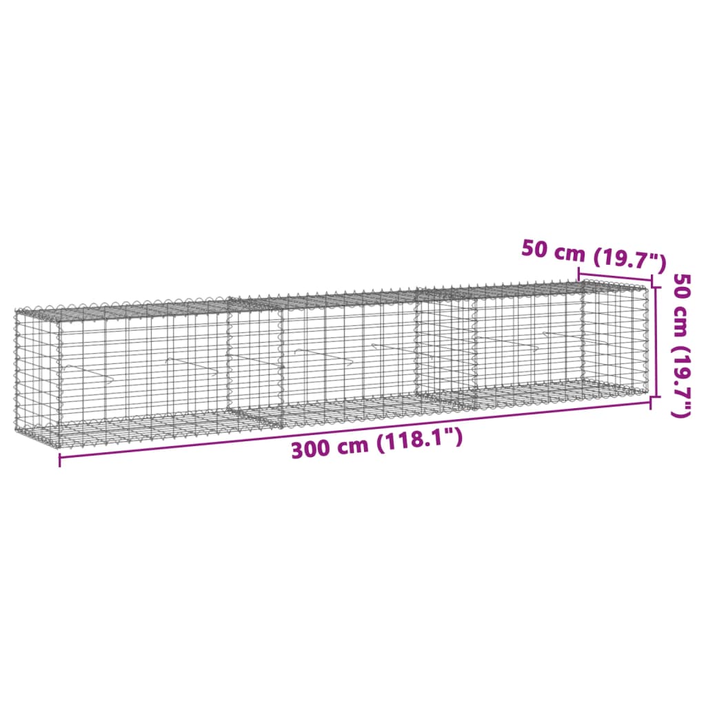 gabionkurv med cover 300x50x50 cm galvaniseret jern