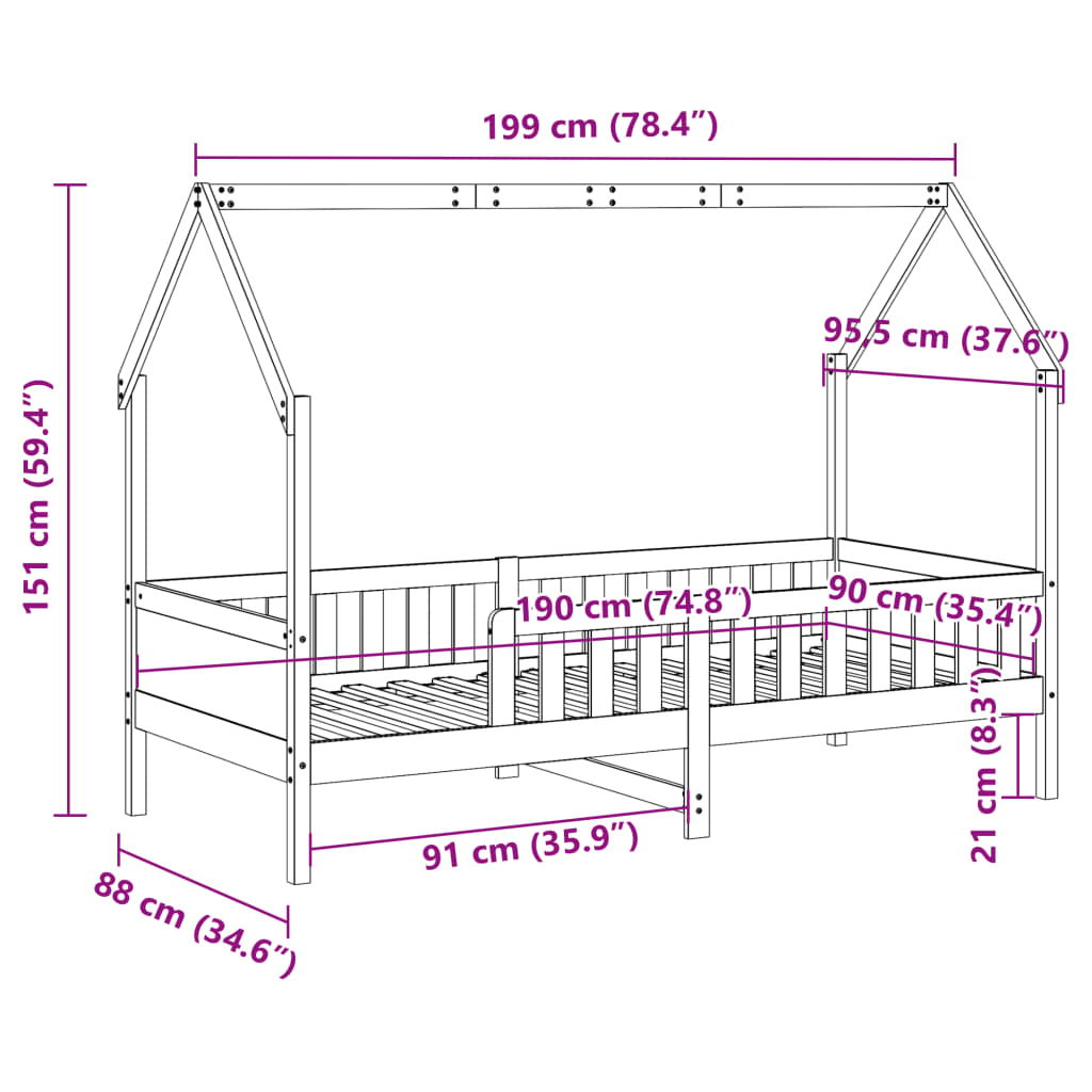 sengeramme til husseng 90x190 cm massivt fyrretræ hvid