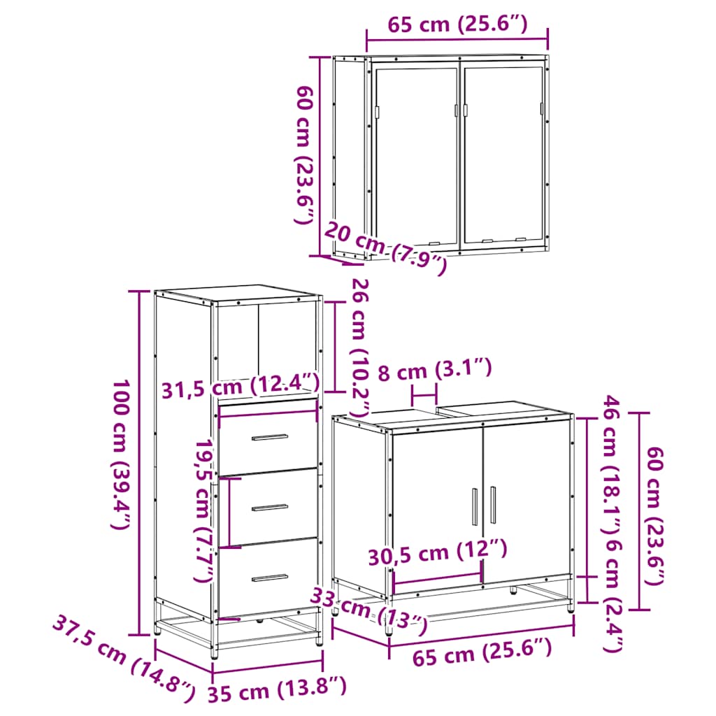 møbelsæt til badeværelse 3 dele konstrueret træ grå sonoma-eg