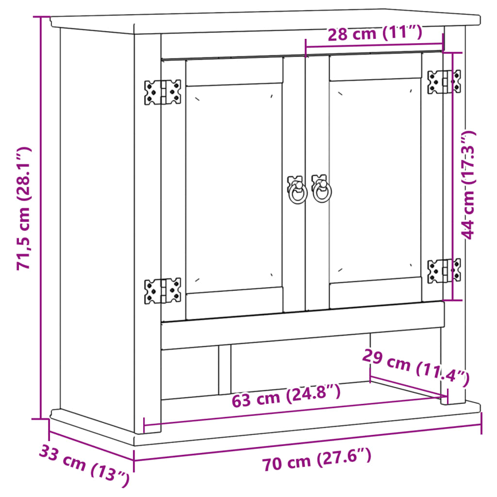 vægskab til badeværelse Corona 70x33x71,5 cm massivt fyrretræ