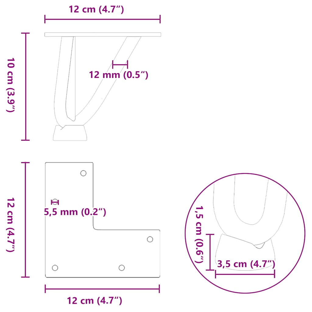 hårnåleben til sofabord 4 stk. sort 10 cm massivt stål