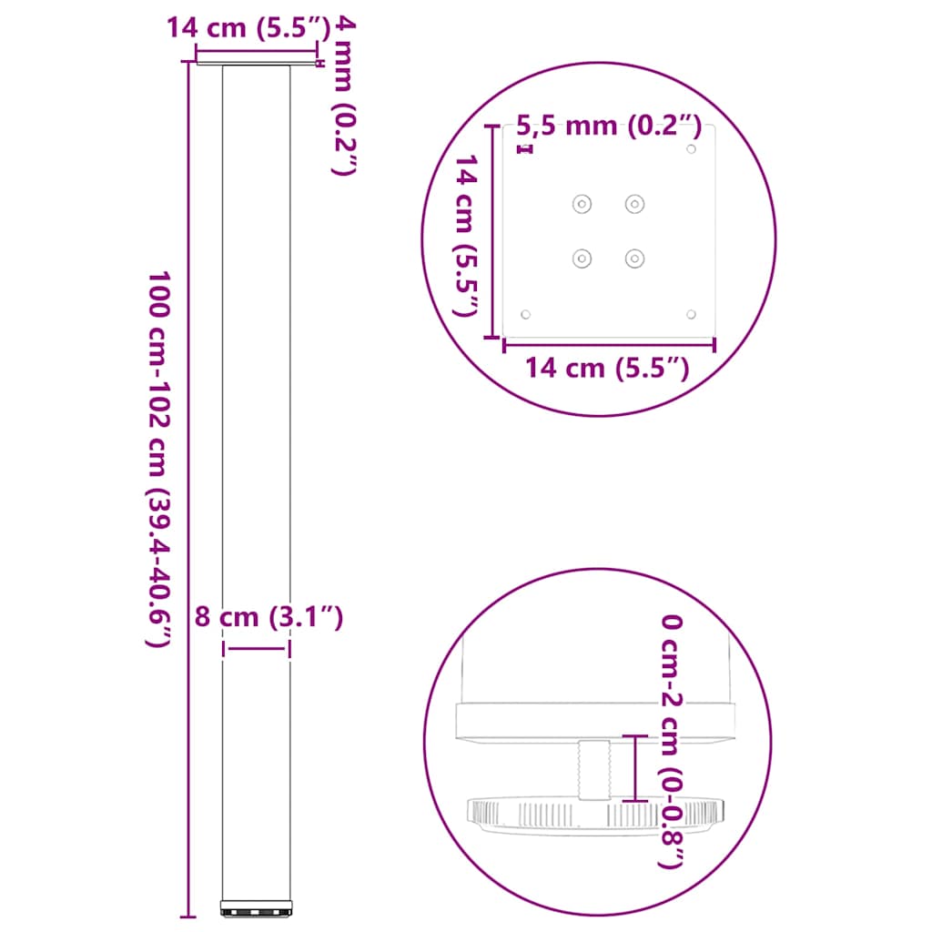 barbordsben 4 stk. hvid 100-102 cm stål