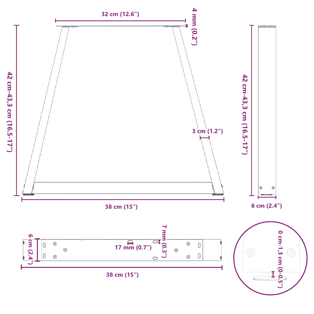 sofabordsben V-formet 2 stk. naturstål 38 x (42-43,3) cm stål