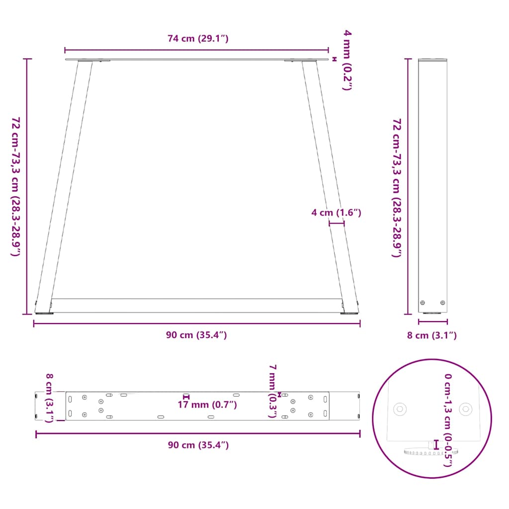 spisebordben V-formet 3 stk. sort 90 x (72-73,3) cm stål