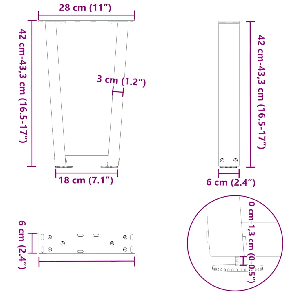 sofabordsben V-formet 2 stk. sort 28 x (42-43,3) cm stål
